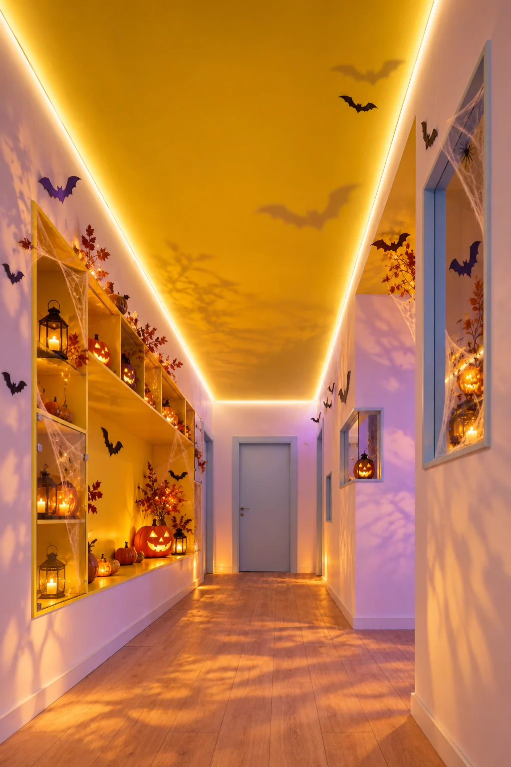 El pasillo de la academia convertido en el Hotel Creatilvania (ambientación recreada con IA).