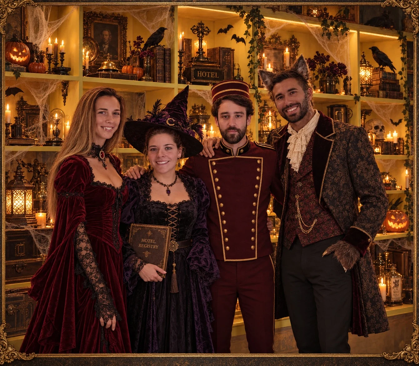El equipo de CREATICS caracterizado para recibirte en el Hotel Creatilvania