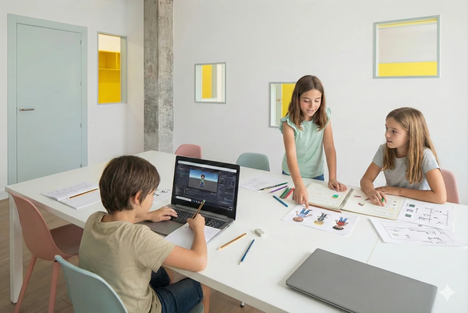Niños combinando programación en ordenador y diseño sobre papel