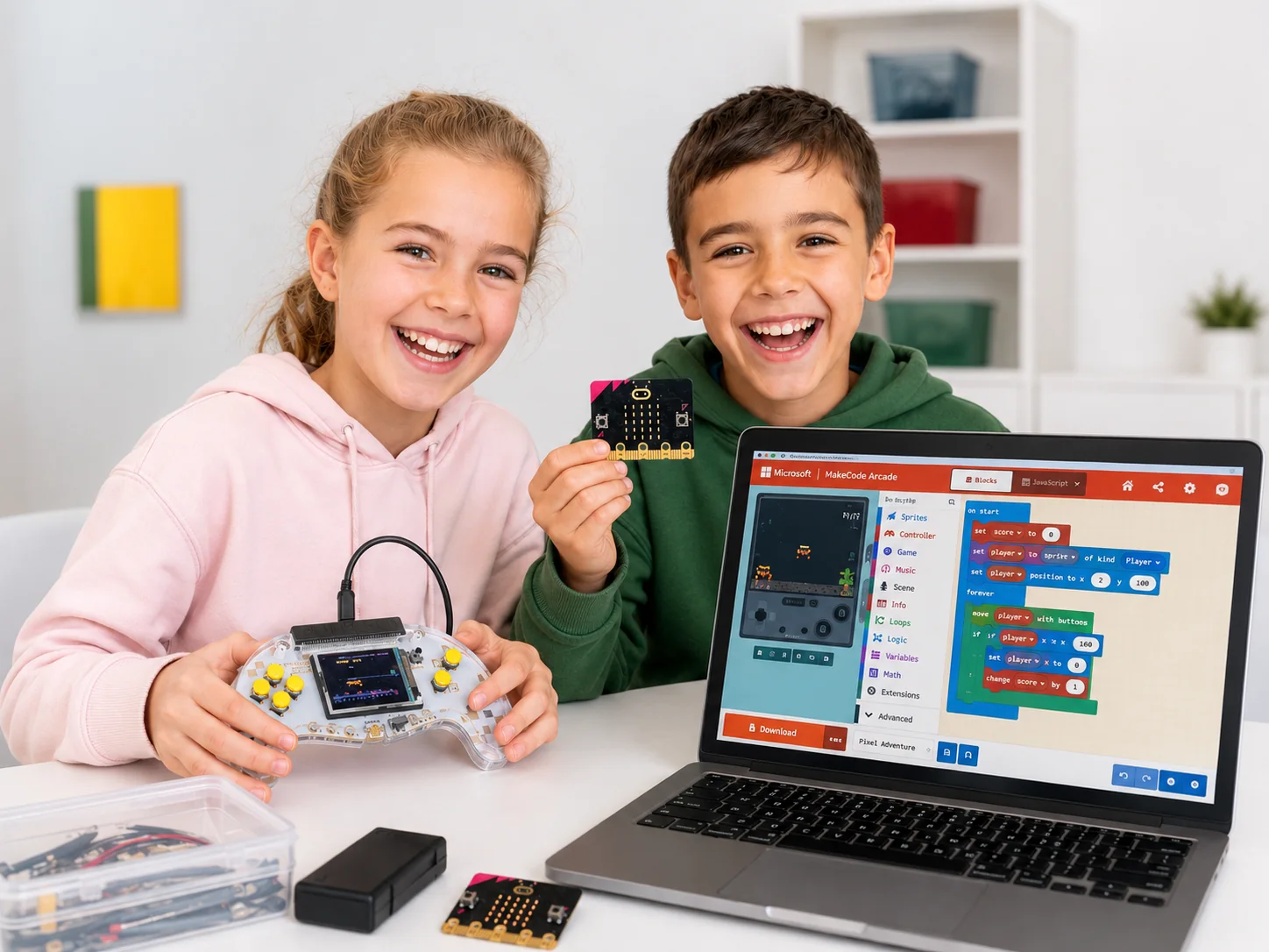 Dos niños compartiendo y jugando con un proyecto tecnológico creado por ellos