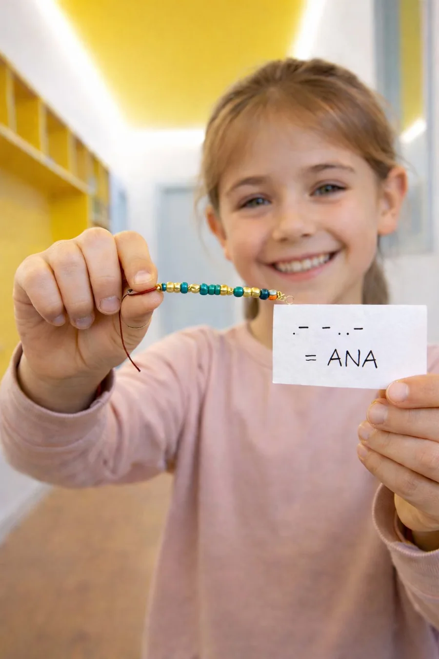Niña mostrando su pulsera con un nombre codificado en Morse