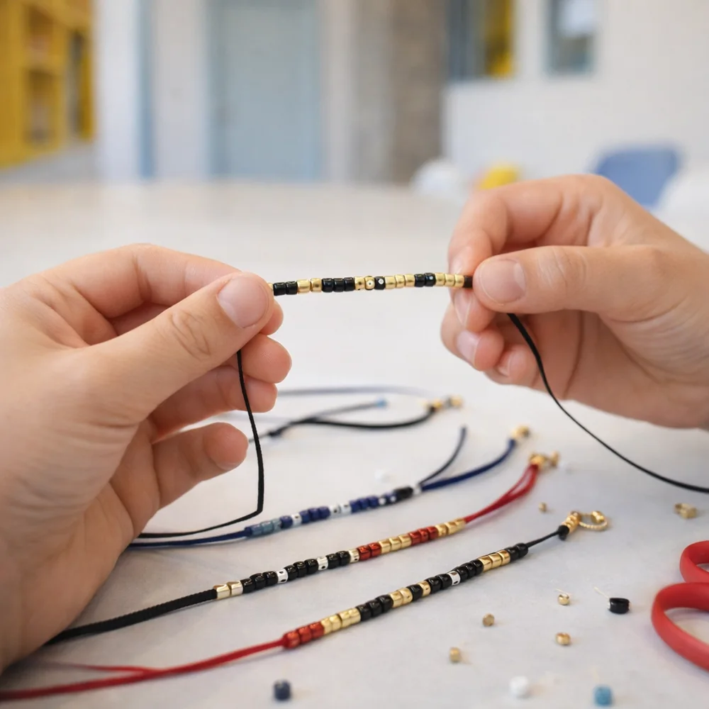 Manos construyendo una pulsera de código Morse