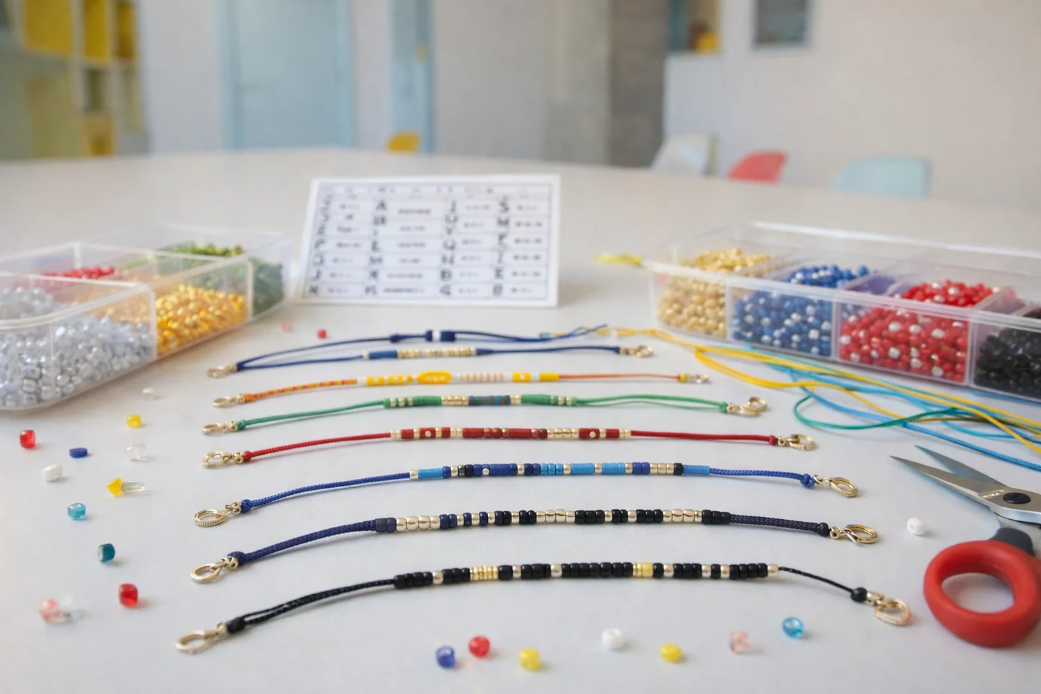 Materiales y pulseras del taller de código Morse