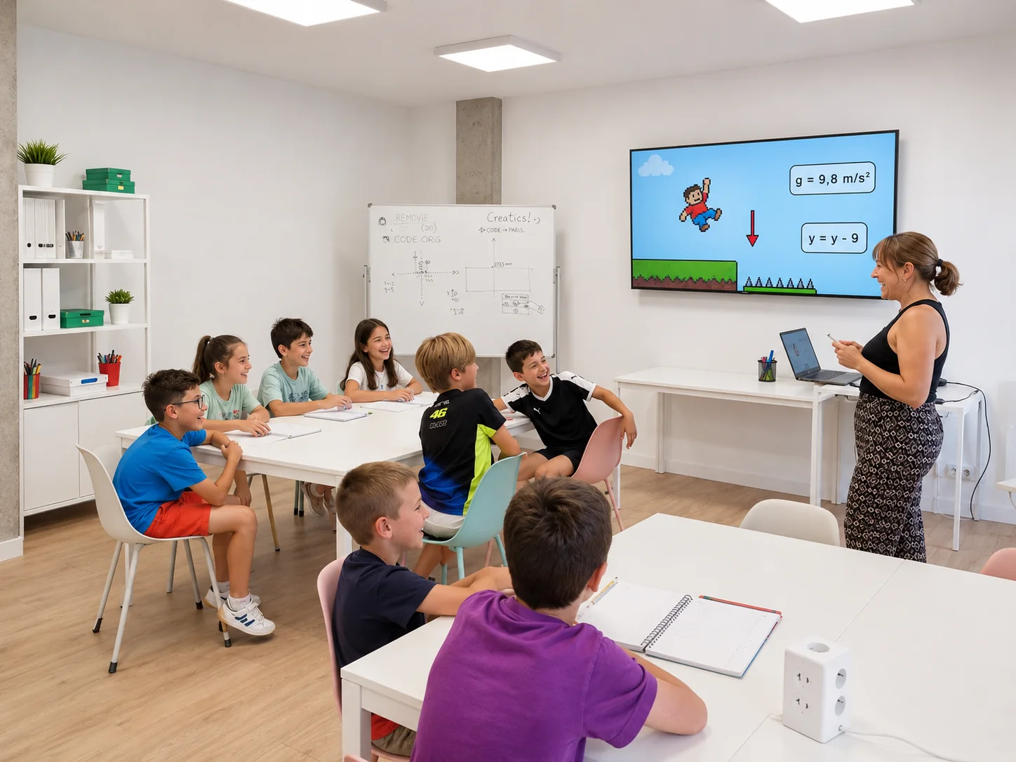 Grupo de niños creando juntos en un taller de programación