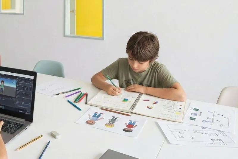 Un alumno dibuja en su cuaderno el plan de su proyecto, junto al portátil