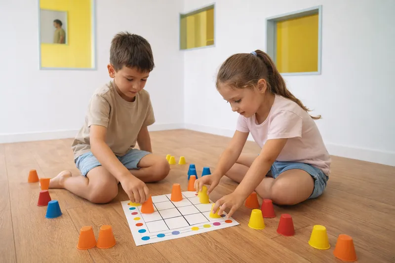 Dos niños de Infantil con un reto de lógica en el suelo