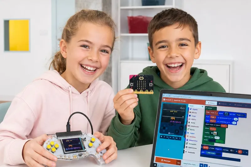 Dos alumnos con su consola arcade programada con micro:bit