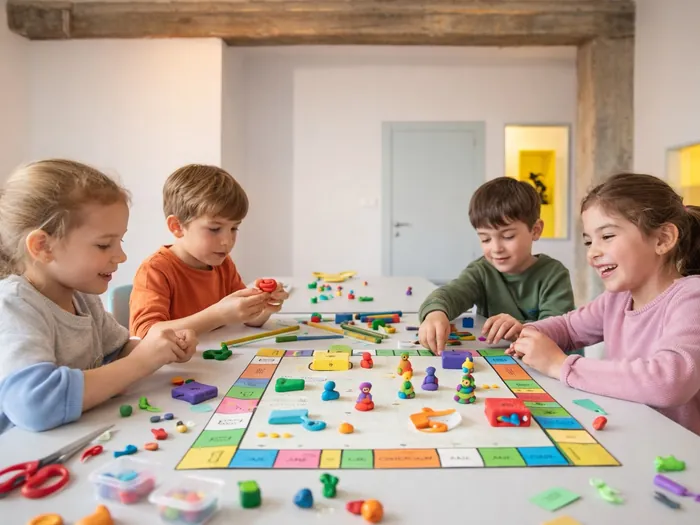 Niños y niñas creando juegos de mesa con piezas de colores en un taller de CREATICS