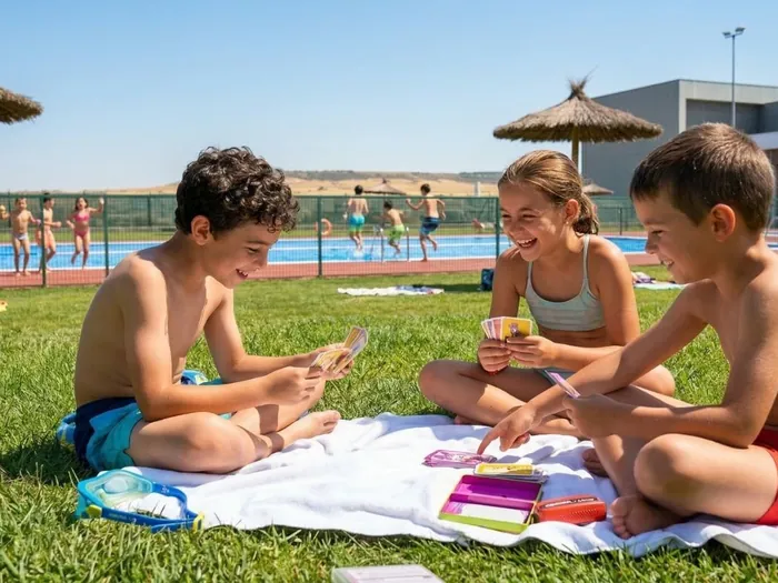Niños jugando a las cartas junto a la piscina en el campamento de verano