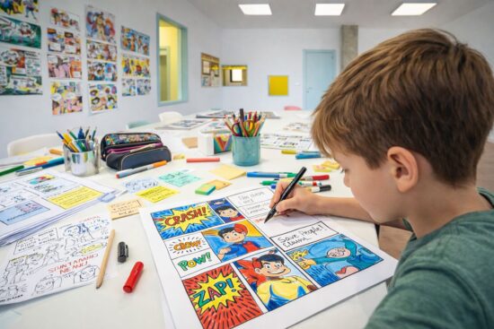 Niño coloreando un cómic en un taller creativo de CREATICS, con materiales y viñetas sobre la mesa