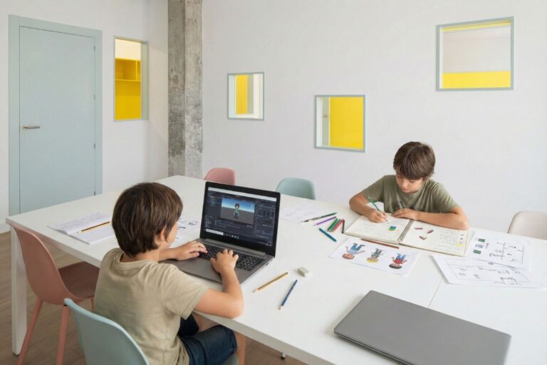 Niños combinando dibujo y programación: uno crea en el portátil y otro desarrolla personajes en papel en CREATICS