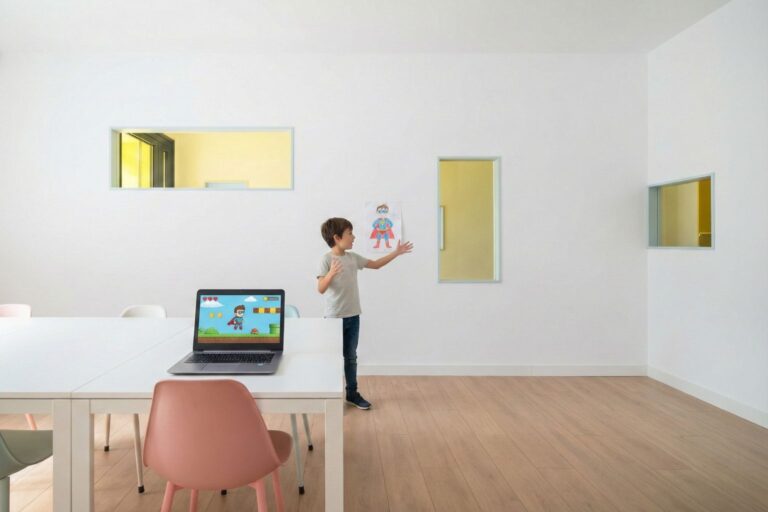 Niño presenta su personaje y la escena del juego en el aula, con el minijuego abierto en el portátil