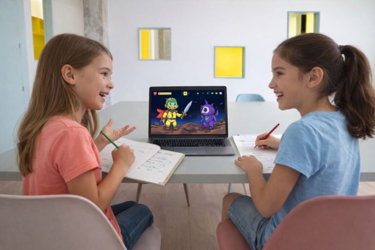 Dos niñas comentan su historia y el minijuego en pantalla mientras toman notas en el taller StoryLab de CREATICS