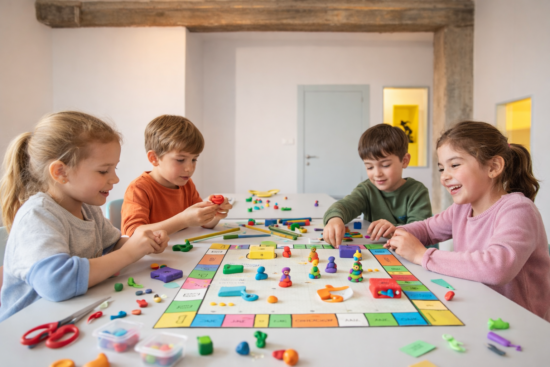 Taller de juegos de mesa en CREATICS Valladolid con niños creando y jugando