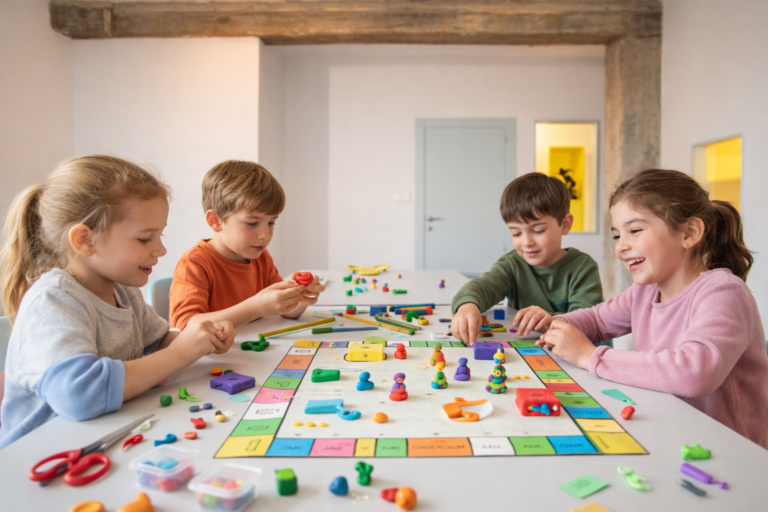 Taller de juegos de mesa en CREATICS Valladolid con niños creando y jugando