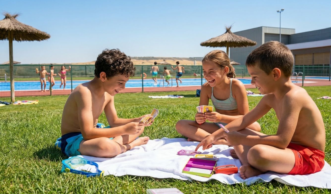 Niños jugando a las caratas en la piscina en un taller de Verano de CREATICS en Valladolid