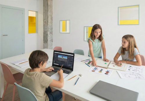 Trabajo en equipo: un niño programa en el portátil y dos niñas revisan dibujos y storyboard en una mesa de CREATICS