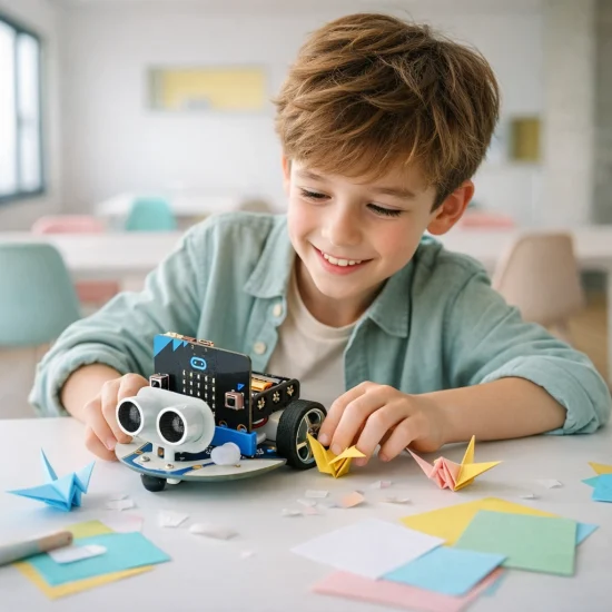 Taller infantil de robótica y creatividad con robot educativo y figuras de papel en Valladolid